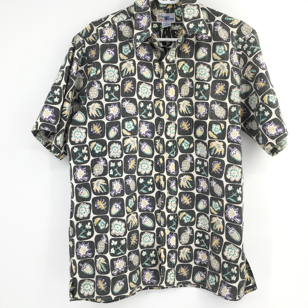 reyn spooner Black Short Sleeve Button-Down Shirt with Pastel Floral Tiles